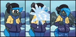 Size: 1676x820 | Tagged: safe, artist:whatsapokemon, oc, oc only, oc:jade shine, pegasus, anthro, clothes, hat, jacket, scarf, snow, solo, wet, wet clothes