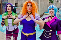 Size: 992x655 | Tagged: safe, artist:littlemissbloo, artist:littleprofessorproductions, artist:sarahndipity cosplay, artist:shelbeanie, adagio dazzle, aria blaze, sonata dusk, human, bronycon, bronycon 2015, equestria girls, g4, 2015, clothes, cosplay, costume, disguise, disguised siren, irl, irl human, open mouth, photo, the dazzlings