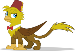 Size: 1340x908 | Tagged: safe, artist:mlp-trailgrazer, oc, oc only, oc:crural, griffon, bowtie, fez, gold, hat, male, simple background, solo, transparent background