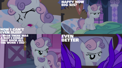 Size: 1280x720 | Tagged: safe, edit, edited screencap, editor:quoterific, screencap, sweetie belle, pony, unicorn, for whom the sweetie belle toils, g4, season 4, bed, blanket, carousel boutique, eyes closed, female, filly, grin, night, open mouth, pillow, revenge, smiling, solo, temptation