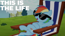 Size: 1280x720 | Tagged: safe, edit, edited screencap, editor:quoterific, screencap, rainbow dash, pegasus, pony, g4, season 6, the cart before the ponies, female, mare, open mouth, smiling, solo, sunglasses