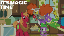 Size: 1280x720 | Tagged: safe, edit, edited screencap, editor:quoterific, screencap, big macintosh, discord, spike, draconequus, dragon, earth pony, pony, g4, season 8, the break up breakdown, clown nose, clown wig, food, male, open mouth, pie, red nose, smiling, stallion, trio