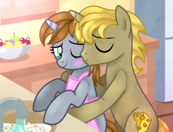 Size: 2079x1578 | Tagged: safe, anonymous artist, oc, oc only, oc:littlepip, oc:monterey jack, pony, unicorn, fallout equestria, apron, blushing, clothes, commission, crack shipping, female, hetero littlepip, kissing, male, married, shipping, sink, straight, ych result