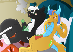 Size: 3508x2480 | Tagged: safe, artist:clcoon, oc, oc only, oc:magma flare, oc:zenawa skunkpony, dracony, dragon, hybrid, skunk, skunk pony, bed, bong, countershading, drugs, eating, female, food, high, high res, male, marijuana, munchies, pale belly, pickle, red eyes, relaxed, siblings, sitting, smoke, smoke weed everyday, smoking