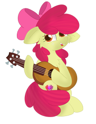Size: 2550x3300 | Tagged: safe, artist:skyflys, apple bloom, earth pony, pony, g4, adorabloom, bow, cheek fluff, chest fluff, chipped tooth, cute, dexterous hooves, female, filly, guitar, high res, musical instrument, simple background, solo, transparent background