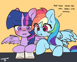 Size: 2311x1846 | Tagged: safe, artist:cottonsweets, rainbow dash, twilight sparkle, alicorn, pegasus, pony, g4, blushing, book, ear blush, female, leaning, lesbian, open mouth, ship:twidash, shipping, signature, simple background, spread wings, twilight sparkle (alicorn), wingboner, wings