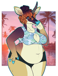 Size: 2269x2971 | Tagged: safe, artist:bluet0ast, oc, oc only, oc:razzle frazzle, unicorn, anthro, bikini, bikini top, chubby, clothes, curved horn, female, high res, horn, nail polish, pregnant, simple background, solo, swimsuit, transparent background, unicorn oc