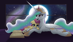 Size: 6300x3600 | Tagged: safe, artist:opal_radiance, fluttershy, princess celestia, alicorn, pegasus, pony, g4, absurd resolution, book, crown, female, full moon, hoof shoes, jewelry, lying down, mare, moon, open mouth, open smile, prone, regalia, smiling, time-lapse included