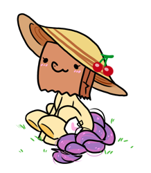 Size: 728x836 | Tagged: safe, artist:paperbagpony, oc, oc:paper bag, earth pony, pony, blushing, cherry, cute, fake cutie mark, female, food, grass, hat, mare, ocbetes, sitting