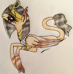 Size: 2237x2274 | Tagged: safe, artist:beamybutt, oc, oc only, sphinx, commission, egyptian, egyptian headdress, eyelashes, female, high res, signature, smiling, solo, sphinx oc, traditional art, ych result