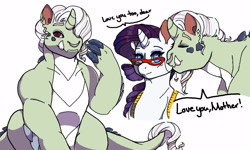 Size: 1600x960 | Tagged: safe, artist:daydreamdollop, rarity, oc, oc:esperite essense, dracony, hybrid, pony, unicorn, g4, cheek kiss, female, glasses, heart, interspecies offspring, kissing, male, mare, mother and child, mother and son, nose piercing, nose ring, offspring, parent:rarity, parent:spike, parents:sparity, piercing, simple background, white background