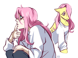 Size: 640x474 | Tagged: safe, artist:jellynut, fluttershy, human, pegasus, pony, g4, chest fluff, crossover, death note, humanized, l, simple background, solo, white background, white shirt