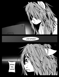 Size: 640x842 | Tagged: safe, artist:jellynut, fluttershy, pony, g4, black and white, comic, crossover, death note, grayscale, hair over one eye, l, monochrome, solo