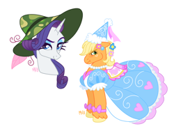 Size: 1280x960 | Tagged: safe, artist:jellynut, applejack, rarity, earth pony, pony, unicorn, g4, griffon the brush off, look before you sleep, beach hat, bow, clothes, dress, embarrassed, fancy, flower, flower in hair, freckles, froufrou glittery lacy outfit, hat, hennin, jewelry, necklace, pearl necklace, princess, simple background, white background