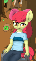 Size: 540x910 | Tagged: safe, artist:cutiepoppony, apple bloom, earth pony, anthro, g4, apple, female, filly, food, forest, solo