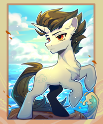 Size: 1450x1750 | Tagged: safe, artist:九枭, oc, oc only, oc:凌宇, pony, unicorn, chest fluff, cloud, male, ocean, solo, wave