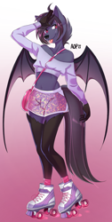 Size: 994x1979 | Tagged: safe, artist:averageocporn, oc, oc only, oc:nyn indigo, bat pony, original species, timber pony, timber wolf, anthro, bat wings, clothes, crotch bulge, femboy, male, midriff, purple, red eyes, roller skates, short shirt, shorts, solo, wings