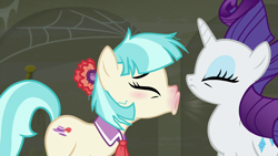 Size: 1280x720 | Tagged: safe, screencap, coco pommel, rarity, earth pony, pony, unicorn, g4, season 6, the saddle row review, blushing, eyes closed, female, mare, open mouth, red nosed, sneezing