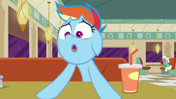 Size: 1280x720 | Tagged: safe, screencap, honey curls, mare e. lynn, rainbow dash, earth pony, pegasus, pony, g4, season 6, the saddle row review, booth, diner, female, mare, open mouth, rainbow dash is best facemaker, solo focus