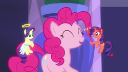 Size: 1280x720 | Tagged: safe, screencap, pinkie pie, rarity, angel, angel pony, demon, demon pony, earth pony, original species, pony, unicorn, g4, season 6, the saddle row review, ^^, angel rarity, cute, devil rarity, diapinkes, eyes closed, fake wings, female, haylo, mare, open mouth, smiling, wings