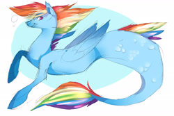 Size: 3000x2000 | Tagged: safe, artist:imlpdailyfnaf18, rainbow dash, pegasus, pony, seapony (g4), g4, bubble, dorsal fin, female, fin wings, fins, fish tail, flowing mane, flowing tail, high res, looking at you, mare, multicolored hair, ocean, pink eyes, scales, seaponified, seapony rainbow dash, simple background, smiling, smiling at you, solo, species swap, swimming, tail, underwater, water, white background, wings