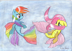 Size: 960x678 | Tagged: safe, artist:candycorn2424, fluttershy, rainbow dash, pegasus, pony, sea pony, g4, dorsal fin, female, fins, fish tail, flowing mane, flowing tail, green eyes, looking at each other, pink eyes, pink mane, seaponified, seapony fluttershy, seapony rainbow dash, signature, simple background, smiling, species swap, tail, underwater, water