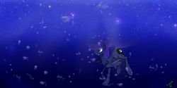 Size: 3000x1500 | Tagged: safe, artist:starfox365, princess luna, alicorn, fish, pony, g4, blue mane, bubble, colored pupils, ethereal mane, female, flowing mane, flowing tail, green eyes, horn, ocean, signature, smiling, solo, starry mane, stars, swimming, underwater, water, wings