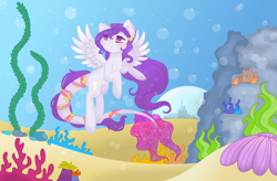 Size: 2340x1536 | Tagged: safe, artist:holambaoduyen, oc, oc only, merpony, pegasus, pony, bubble, coral, crepuscular rays, dorsal fin, eyelashes, female, fin wings, fish tail, flowing mane, flowing tail, looking up, ocean, purple eyes, purple mane, rock, seashell, seaweed, solo, sunlight, tail, underwater, water, wings