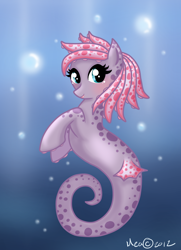 Size: 1052x1452 | Tagged: safe, artist:meamagica, oc, oc only, sea pony, blue eyes, blushing, bubble, crepuscular rays, deviantart watermark, eyelashes, fins, looking at you, obtrusive watermark, pink mane, smiling, solo, sunlight, tail, underwater, water, watermark