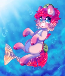 Size: 1693x1958 | Tagged: safe, artist:kefico, oc, oc only, merpony, blue eyes, bubble, commission, crepuscular rays, fish tail, looking up, ocean, pink mane, solo, sparkles, sunlight, tail, tongue out, underwater, water, wingding eyes, ych result