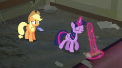 Size: 1280x720 | Tagged: safe, screencap, applejack, twilight sparkle, alicorn, earth pony, pony, g4, season 6, the saddle row review, applejack's hat, broom, cowboy hat, duo, duo female, eyes closed, female, glowing horn, hat, horn, magic, magic aura, mare, mouth hold, open mouth, open smile, smiling, sweeping, sweepsweepsweep, telekinesis, twilight sparkle (alicorn)