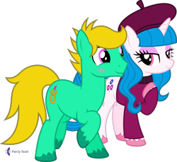 Size: 4468x4096 | Tagged: safe, artist:parclytaxel, oc, oc only, oc:bijou sapphire, oc:david starlyre, earth pony, pony, unicorn, .svg available, absurd resolution, beret, blushing, clothes, eye contact, female, flirting, hat, lidded eyes, looking at each other, male, mare, monthly reward, pointing at self, raised hoof, shirt, simple background, smiling, stallion, transparent background, unshorn fetlocks, vector, walking