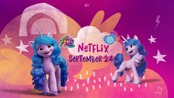 Size: 2048x1152 | Tagged: safe, izzy moonbow, pony, unicorn, g5, official, abstract background, female, mare, my little pony: a new generation logo, netflix, pony history, self ponidox, text, youtube banner