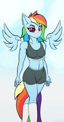 Size: 1100x2100 | Tagged: safe, artist:xeniusfms, rainbow dash, pegasus, anthro, g4, breasts, clothes, female, floating wings, kneesocks, shorts, socks, solo, sports bra, wings