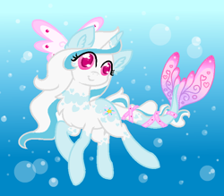Size: 722x632 | Tagged: safe, artist:holambaoduyen, oc, oc only, merpony, pony, bubble, crepuscular rays, dorsal fin, eyelashes, female, fish tail, flowing mane, flowing tail, looking at you, pink eyes, smiling, solo, sunlight, swimming, tail, underwater, white mane, wingding eyes