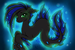 Size: 600x400 | Tagged: safe, artist:edlynette, oc, oc only, hybrid, merpony, seapony (g4), blue mane, bubble, dark, dorsal fin, eyelashes, fins, fish tail, glowing, green eyes, looking at you, signature, solo, underwater, water