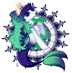 Size: 1930x1964 | Tagged: safe, artist:exceru-karina, oc, oc only, hybrid, merpony, seapony (g4), blue eyes, commission, crown, eyelashes, female, fins, fish tail, flowing tail, jewelry, long mane, looking at you, mermaid tail, multicolored hair, necklace, pearl necklace, regalia, simple background, smiling, solo, symbol, tail, transparent background, wingding eyes