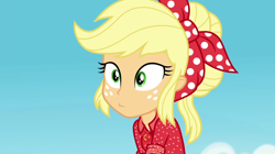 Size: 1920x1078 | Tagged: safe, screencap, applejack, equestria girls, equestria girls specials, g4, my little pony equestria girls: better together, my little pony equestria girls: holidays unwrapped, the cider louse fools, :|, bandana, geode of super strength, hair bun, jewelry, magical geodes, necklace, red shirt, solo