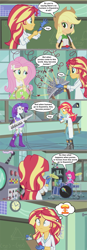 Size: 1143x3288 | Tagged: safe, artist:silverbuller, screencap, applejack, fluttershy, pinkie pie, rarity, sunset shimmer, equestria girls, g4, the science of magic, asking, boots, cowboy hat, drums, electrode on boots, electrodes, furry confusion, hat, keytar, mind blown, musical instrument, shoes, sunset the science gal, tambourine, what if, wide eyes