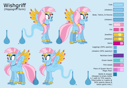 Size: 10046x6954 | Tagged: safe, artist:ethanjacobsyrosca, oc, oc only, oc:wishgriff, classical hippogriff, genie, hippogriff, g4, absurd resolution, base used, blue background, bottle, bracelet, circlet, classical hippogriff oc, clothes, female, hippogriff oc, jewelry, leggings, necklace, not silverstream, redesign, reference sheet, simple background, solo, vector, wing jewelry