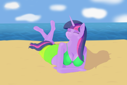 Size: 3672x2458 | Tagged: safe, artist:drakang, twilight sparkle, unicorn, anthro, g4, beach, bikini, clothes, eyebrows, eyebrows visible through hair, eyes closed, female, high res, relaxing, smiling, solo, swimsuit, unicorn twilight