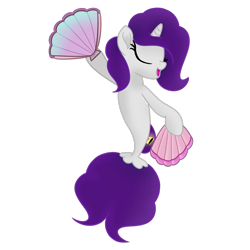 Size: 2449x2449 | Tagged: safe, artist:violight, oc, oc only, pony, seapony (g4), unicorn, eyes closed, fan, female, fish tail, flowing tail, high res, horn, movie accurate, seashell, simple background, smiling, solo, tail, transparent background