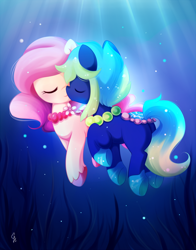 Size: 800x1018 | Tagged: safe, artist:exceru-karina, pony, blue mane, bubble, commission, crepuscular rays, eyes closed, female, flower, jewelry, looking at each other, necklace, ocean, pearl necklace, pink mane, seaweed, smiling, sunlight, underwater, unshorn fetlocks, water, ych result