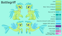 Size: 4269x2474 | Tagged: safe, artist:ethanjacobsyrosca, oc, oc only, oc:bottlegriff, classical hippogriff, hippogriff, sea pony, seapony (g4), g4, base used, classical hippogriff oc, green background, high res, hippogriff oc, jewelry, male, necklace, not terramar, reference sheet, seapony oc, simple background, solo, vector