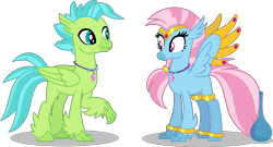 Size: 8604x4642 | Tagged: safe, artist:ethanjacobsyrosca, oc, oc only, oc:bottlegriff, oc:wishgriff, classical hippogriff, genie, hippogriff, absurd resolution, bottle, bracelet, brother and sister, circlet, classical hippogriff oc, clothes, female, fraternal twins, hippogriff oc, jewelry, leggings, male, necklace, not silverstream, not terramar, shadow, siblings, simple background, transparent background, vector, wing jewelry