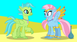 Size: 9419x5168 | Tagged: safe, artist:ethanjacobsyrosca, oc, oc only, oc:bottlegriff, oc:wishgriff, classical hippogriff, genie, hippogriff, absurd resolution, bottle, bracelet, brother and sister, circlet, classical hippogriff oc, clothes, desert, female, fraternal twins, hippogriff oc, jewelry, leggings, male, necklace, not silverstream, not terramar, sand, shadow, siblings, vector, wing jewelry