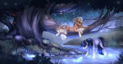 Size: 8769x4560 | Tagged: safe, artist:nettlemoth, applejack, oc, oc:constance everheart, earth pony, firefly (insect), fish, insect, pony, g4, canon x oc, everjack, female, forest, in a tree, male, river, scenery, shipping, straight, tree, tree branch