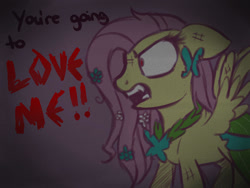 Size: 1024x768 | Tagged: safe, artist:potatogirlivy, fluttershy, pegasus, pony, g4, the best night ever, angry, clothes, deviantart watermark, dialogue, dress, female, gala dress, messy mane, obtrusive watermark, open mouth, red eyes, sharp teeth, solo, talking, teeth, torn clothes, watermark, yelling