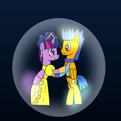 Size: 1280x1280 | Tagged: safe, artist:platinumdrop, flash sentry, twilight sparkle, alicorn, pegasus, pony, g4, bubble, clothes, dancing, dress, ear piercing, earring, evening gloves, female, frankie foster, gloves, gradient background, in bubble, jewelry, long gloves, male, mare, piercing, request, ship:flashlight, shipping, simple background, stallion, straight, tiara, twilight sparkle (alicorn), uniform