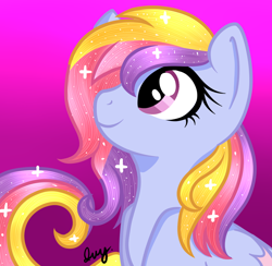 Size: 1024x1000 | Tagged: safe, artist:potatogirlivy, oc, oc only, oc:glittering cloud, pony, deviantart watermark, female, obtrusive watermark, smiling, solo, sparkles, sparkly mane, watermark